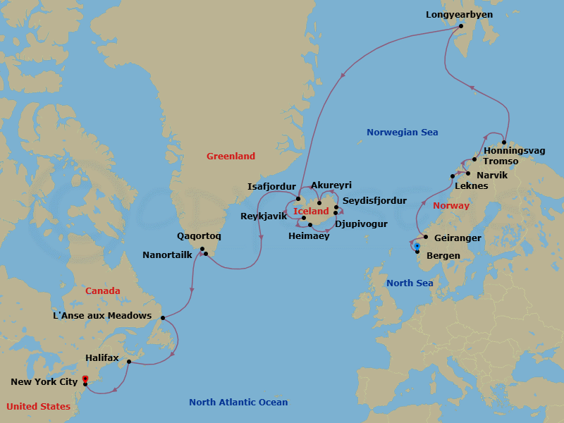 28 Night - Greenland, Iceland, Norway & Beyond - Viking Vela - Starting in Bergen, Geiranger, Norway, Sail the Norwegian Sea, Lofoten (Leknes), Narvik, Tromso, Honningsvag, Sail the Barents Sea, Longyearbyen, Sail the Norwegian Sea, Isafjordur, Reykjavik, Heimaey Westman Islands, Djupivogur, Seydisfjordur, Akureyri, Isafjordur, Sail the Atlantic Ocean, Nanortalik, Qaqortoq, Sail the Labrador Sea, Lanse Aux Meadows, Newfoundland, Sail the Gulf of St Lawrence, Halifax, Nova Scotia, Sail the Atlantic Ocean, New York City, New York itinerary map