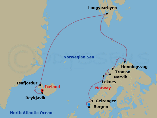14 Night - Iceland & Norway's Arctic Explorer - Viking Vela - Starting in Bergen, Geiranger, Norway, Sail the Norwegian Sea, Lofoten (Leknes), Narvik, Tromso, Honningsvag, Sail the Barents Sea, Longyearbyen, Sail the Norwegian Sea, Isafjordur, Reykjavik itinerary map