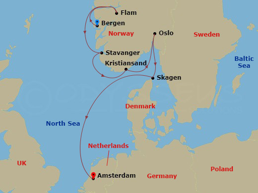 Viking Vela - 7 Night - Viking Shores & Fjords - Viking Vela - Starting in Bergen, Flam, Norway, Stavanger, Kristiansand, Oslo, Skagen, Sail the North Sea, Amsterdam itinerary map