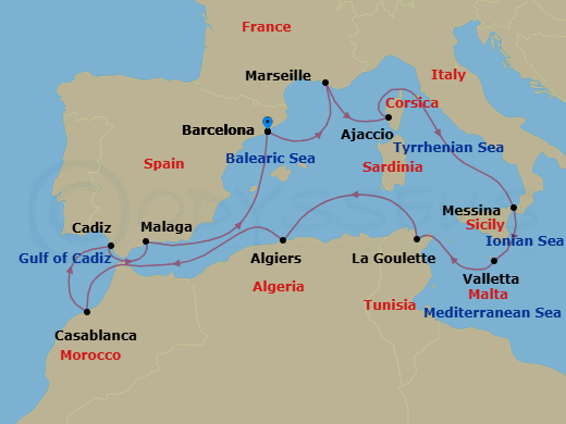 15 Night - Malta, Morocco & the Mediterranean - Viking Vela - Starting in Barcelona, Marseille, Corsica (Ajaccio), Sail the Tyrrhenian Sea, Sicily (Messina), Valletta, Tunis (La Goulette), Sail the Mediterranean Sea, Algiers, Sail the Strait of Gibraltar, Casablanca, Seville (Cadiz), Granada (Malaga), Sail the Balearic Sea, Barcelona itinerary map