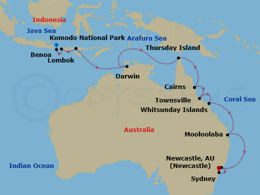 16 Night - Komodo & the Australian Coast - Viking Venus - Starting in Bali (Benoa), Lombok, Komodo National Park (Rinca), Sail the Timor Sea, Darwin, Sail the Arafura Sea, Thursday Island, Sail the Coral Sea, Cairns, Townsville, Whitsunday Island (Airlie Beach), Sail the Coral Sea, Mooloolaba, Sail the Australian Coast, Newcastle AU, Sydney AU itinerary map