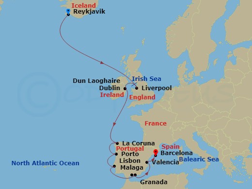 Viking Sea - 14 Night - Iceland, British Isles & Iberia - Viking Sea - Starting in Reykjavik, Sail the Atlantic Ocean, Sail the Irish Sea, Liverpool, Dublin (Dun Laoghaire.. itinerary map