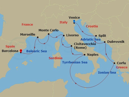 Viking Sea - 12 Night - Mediterranean Odyssey - Viking Sea - Starting in Venice, Split, Dubrovnik, Croatia, Corfu (Kerkyra), Sail the Ionian Sea, Naples, Rome (Civitavecch.. itinerary map