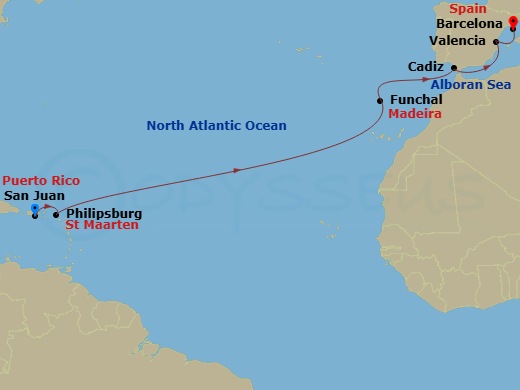 13 Night - West Indies to Spain - Viking Sea - Starting in San Juan, Philipsburg, Sail the Atlantic Ocean, Madeira (Funchal), Sail the Atlantic Ocean, Seville (Cadiz), Sail the Alboran Sea, Valencia, Barcelona itinerary map
