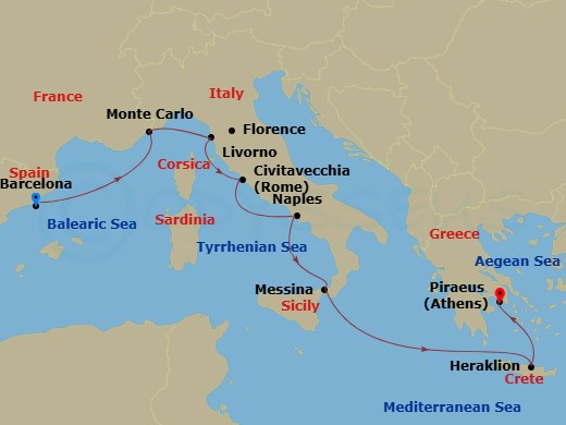 Viking Sea - 10 Night - Icons of the Mediterranean - Viking Sea - Starting in Barcelona, Marseille, Monte Carlo, Florence / Pisa (Livorno), Rome (Civitavecchia), Naples, S.. itinerary map