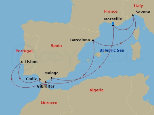 Costa Fascinosa - 10 Night - Western Mediterranean from Marseille - Costa Fascinosa - Starting in Marseille, Savona, Barcelona, Gibraltar, Lisbon, Cadice, Malaga, Marseille itinerary map