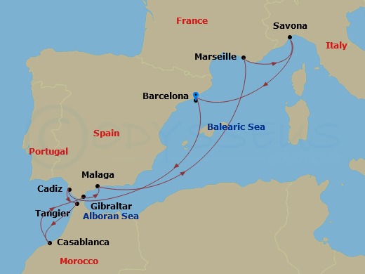 Costa Fascinosa - 10 Night - Western Mediterranean from Barcelona - Costa Fascinosa - Starting in Barcelona, Cadice, Tangier, Casablanca, Gibraltar, Malaga, Marseille, Savona,.. itinerary map