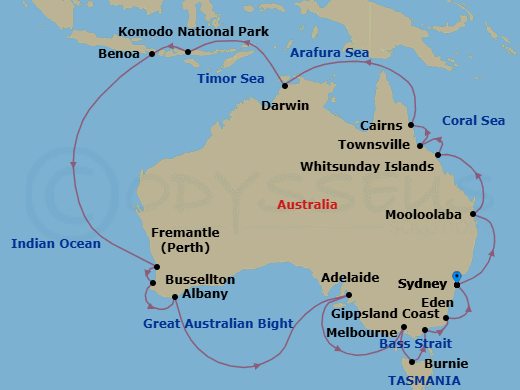 31 Night - Grand Australia Circumnavigation - Viking Orion - Starting in Sydney AU, Sail the Australian Coast, Mooloolaba, Sail the Australian Coast, Whitsunday Island (Airlie Beach), Townsville, Cairns, Sail the Coral Sea, Sail the Arafura Sea, Sail the Timor Sea, Darwin, Sail the Timor Sea, Komodo National Park (Rinca), Bali (Benoa), Sail the Indian Ocean, Perth (Fremantle), Busselton, Sail the Indian Ocean, Albany AU, Sail the Great Australian Bight, Adelaide, Scenic Sailing Bass Strait, Melbourne, Burnie, Sail the Gippsland Coast, Eden, Sydney AU itinerary map