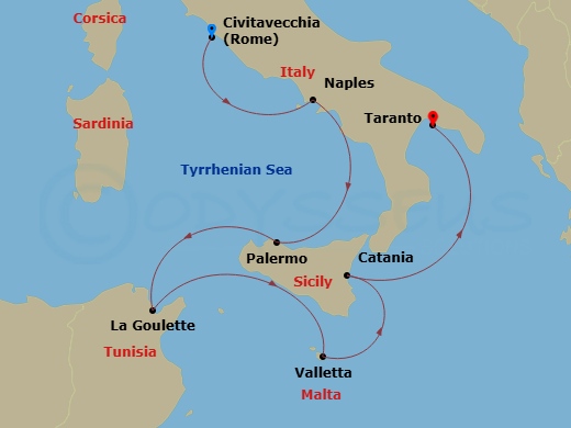 Costa Fascinosa - 6 Night - Eastern Mediterranean from Civitavecchia - Costa Fascinosa - Starting in Civitavecchia, Napoli, Palermo, La Goulette, Malta / La Valletta, Catania,.. itinerary map