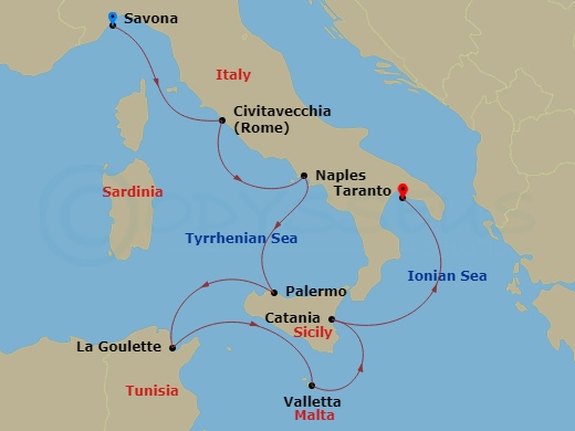 Costa Fascinosa - 7 Night - Eastern Mediterranean from Savona - Costa Fascinosa - Starting in Savona, Civitavecchia, Napoli, Palermo, La Goulette, Malta / La Valletta, Catania,.. itinerary map