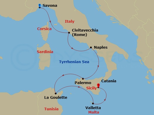 Costa Fascinosa - 6 Night - Eastern Mediterranean from Savona - Costa Fascinosa - Starting in Savona, Civitavecchia, Napoli, Palermo, La Goulette, Malta / La Valletta, Catania itinerary map
