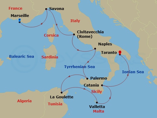 Costa Fascinosa - 8 Night - Eastern Mediterranean from Marseille - Costa Fascinosa - Starting in Marseille, Savona, Civitavecchia, Napoli, Palermo, La Goulette, Malta / La Vall.. itinerary map