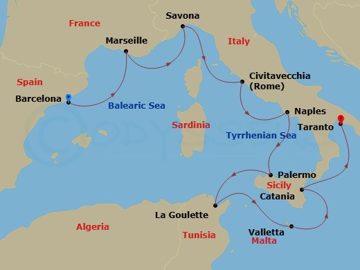 Costa Fascinosa - 9 Night - Eastern Mediterranean from Barcelona - Costa Fascinosa - Starting in Barcelona, Marseille, Savona, Civitavecchia, Napoli, Palermo, La Goulette, Malt.. itinerary map