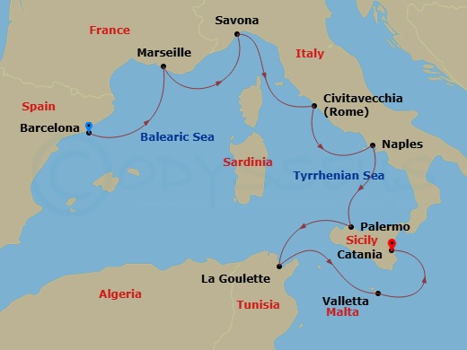 Costa Fascinosa - 8 Night - Eastern Mediterranean from Barcelona - Costa Fascinosa - Starting in Barcelona, Marseille, Savona, Civitavecchia, Napoli, Palermo, La Goulette, Malt.. itinerary map