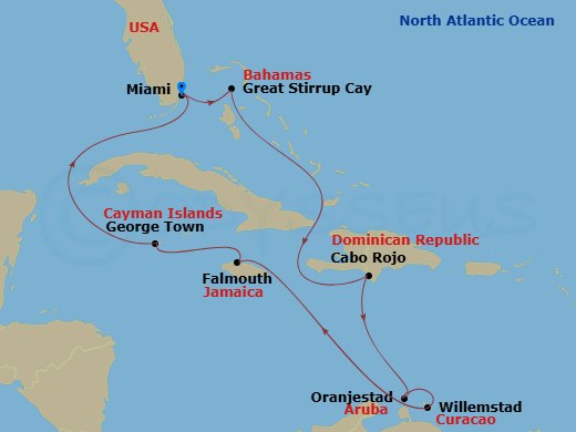 NCL Norwegian Jewel - 10 Night - Southern Caribbean - Miami - NCL Norwegian Jewel - Starting in Miami, Fl, Great Stirrup Cay, Bahamas, Cabo Rojo, Dominican Republic, Oranjestad, Ar.. itinerary map