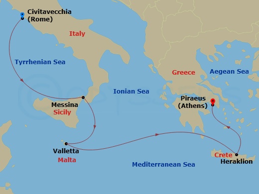 Costa Fortuna - 5 Night - Eastern Mediterranean from Civitavecchia - Costa Fortuna - Starting in Civitavecchia, Messina, Malta / La Valletta, Heraklion, Athens (Piraeus) itinerary map