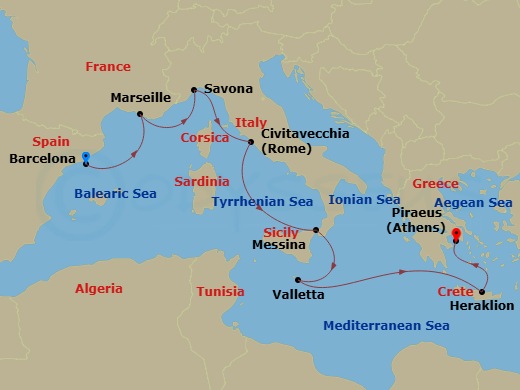 Costa Fortuna - 8 Night - Eastern Mediterranean from Barcelona - Costa Fortuna - Starting in Barcelona, Marseille, Savona, Civitavecchia, Messina, Malta / La Valletta, Herakl.. itinerary map
