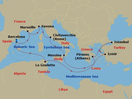 Costa Fortuna - 14 Night - Western Mediterranean from Barcelona - Costa Fortuna - Starting in Barcelona, Marseille, Savona, Civitavecchia, Messina, Izmir, Istanbul, Athens (P.. itinerary map