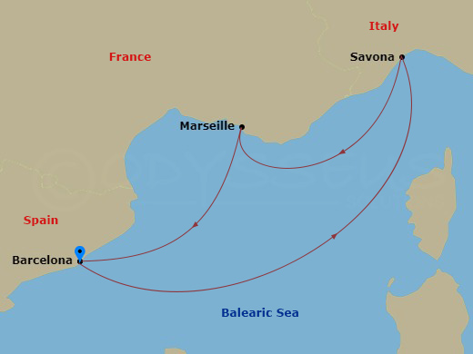 Costa Favolosa - 3 Night - Transatlantic from Barcelona - Costa Favolosa - Starting in Barcelona, Savona, Marseille, Barcelona itinerary map