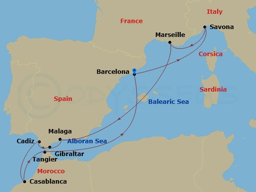 Costa Favolosa - 10 Night - Western Mediterranean from Barcelona - Costa Favolosa - Starting in Barcelona, Savona, Marseille, Malaga, Gibraltar, Cadice, Casablanca, Tangier, B.. itinerary map
