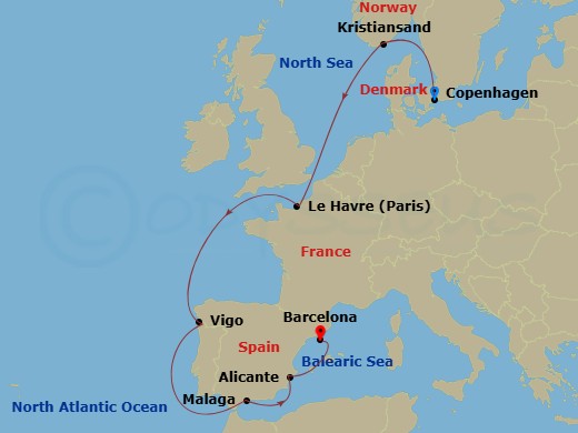 Costa Diadema - 9 Night - Transatlantic from Copenhagen - Costa Diadema - Starting in Copenhagen, Kristiansand, Le Havre, Vigo, Malaga, Alicante, Barcelona itinerary map