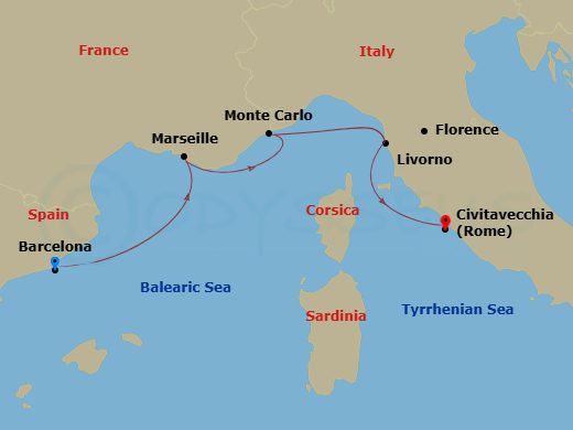 Viking Mira - 7 Night - Iconic Western Mediterranean - Viking Mira - Starting in Barcelona, Sail the Mediterranean Sea, Marseille, Monte Carlo, Florence / Pisa (Livorno), R.. itinerary map