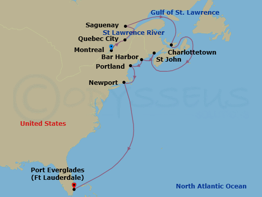14 Night - Canada & New England Scenic Shores - Viking Mars - Starting in Montreal, Quebec, Quebec City, Quebec, Saguenay, Quebec, Scenic Sailing St Lawrence Seaway, Prince Edward Island (Charlottetown), Sail the Gulf of St Lawrence, Sail the Nova Scotia Coast, Saint John NB, New Brunswick, Bar Harbor, Maine, Portland ME, Newport, Rhode Island, Sail the Atlantic Ocean, Fort Lauderdale, Florida itinerary map