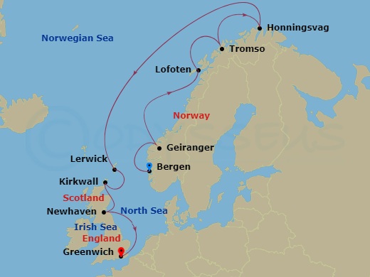 Viking Mars - 14 Night - Into the Midnight Sun - Viking Mars - Starting in Bergen, Geiranger, Norway, Sail the Norwegian Sea, Lofoten (Leknes), Tromso, Honningsvag, Sail th.. itinerary map
