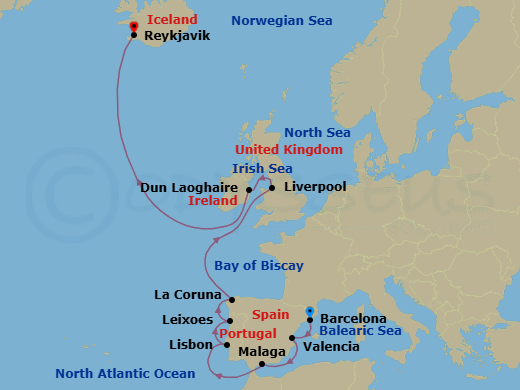 14 Night - Iceland, British Isles & Iberia - Viking Mars - Starting in Barcelona, Valencia, Sail the Alboran Sea, Granada (Malaga), Sail the Strait of Gibraltar, Lisbon, Porto (Leixoes), A Coruna, Sail the Atlantic Ocean, Liverpool, Dublin (Dun Laoghaire), Sail the Irish Sea, Sail the Atlantic Ocean, Reykjavik itinerary map