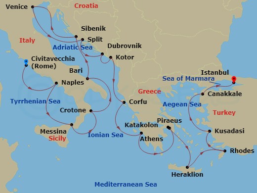 Viking Mars - 21 Night - Adriatic & Mediterranean Sojourn - Viking Mars - Starting in Rome (Civitavecchia), Naples, Sicily (Messina), Crotone, Bari, Sibenik, Venice, Split,.. itinerary map