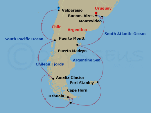 17 Night - South America & the Chilean Fjords - Viking Jupiter - Starting in Santiago (Valparaiso), Sail the Pacific Ocean, Puerto Montt, Scenic Sailing Chilean Fjords, Scenic Sailing Amalia Glacier, Sail the Pacific Ocean, Ushuaia, Scenic Sailing Cape Horn, Sail the Atlantic Ocean, Port Stanley, Falkland Islands, Sail the Atlantic Ocean, Puerto Madryn, Sail the Atlantic Ocean, Montevideo, Buenos Aires itinerary map