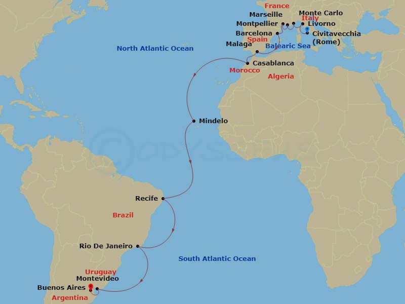 Viking Jupiter - 28 Night - The Mediterranean & South Atlantic - Viking Jupiter - Starting in Rome (Civitavecchia), Florence / Pisa (Livorno), Monte Carlo, Marseille, Sete, Ba.. itinerary map