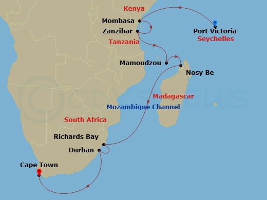 Azamara Onward - 17 Night - Eastern & Southern Africa Cruise : Mombasa, Zanzibar & Cape Town - Azamara Onward - Starting in Port Victoria, Mombasa, Zanzibar, Mamoudzou, Nosy-b.. itinerary map