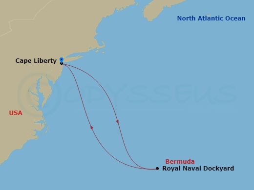RCL Independence of the Seas - 5 Night - Bermuda Cruise - RCL Independence of the Seas - Starting in Cape Liberty, Nj (Ny Metro), Royal Naval Dockyard, Bermuda, Cape Liberty, Nj (Ny Metro) itinerary map