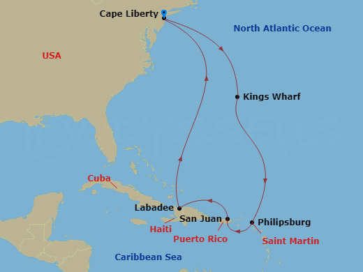 RCL Independence of the Seas - 9 Night - Bermuda & Eastern Caribbean - RCL Independence of the Seas - Starting in Cape Liberty, Nj (Ny Metro), Royal Naval Dockyard, Bermuda, Philipsburg, St.. itinerary map