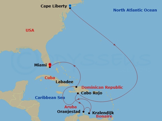 RCL Independence of the Seas - 10 Night - Southern Caribbean Cruise - RCL Independence of the Seas - Starting in Cape Liberty, Nj (Ny Metro), Cabo Rojo, Dominican Republic, Oranjestad, Arub.. itinerary map