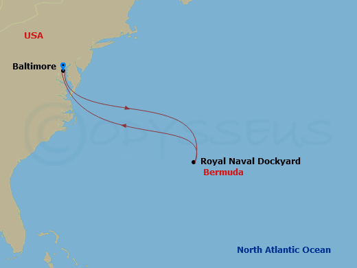 RCL Vision of the Seas - 5 Night - Bermuda Cruise - RCL Vision of the Seas - Starting in Baltimore, Maryland, Royal Naval Dockyard, Bermuda, Baltimore, Maryland itinerary map