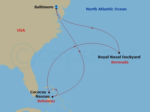 RCL Vision of the Seas - 9 Night - Bermuda & Perfect Day Cruise - RCL Vision of the Seas - Starting in Baltimore, Maryland, Royal Naval Dockyard, Bermuda, Perfect Day Cococay, Bahamas.. itinerary map