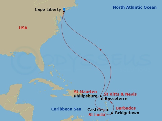 RCL Odyssey of the Seas - 11 Night - Southern Caribbean Cruise - RCL Odyssey of the Seas - Starting in Cape Liberty, Nj (Ny Metro), Philipsburg, St Maarten, Castries, St Lucia, Bridget.. itinerary map