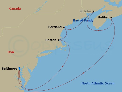 RCL Vision of the Seas - 9 Night - Canada & New England Cruise - RCL Vision of the Seas - Starting in Baltimore, Maryland, Boston, Massachusetts, Portland ME, Saint John NB (Bay of Fu.. itinerary map