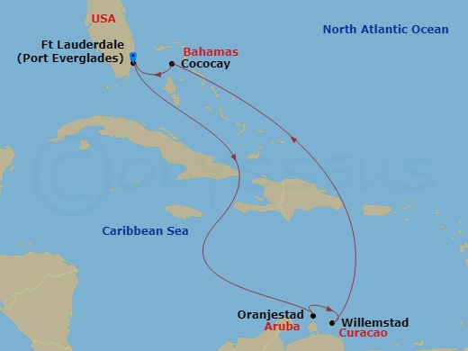 RCL Oasis of the Seas - 8 Night - Southern Caribbean & Perfect Day - RCL Oasis of the Seas - Starting in Fort Lauderdale, Florida, Oranjestad, Aruba, Willemstad AN, Curacao, Perfect.. itinerary map