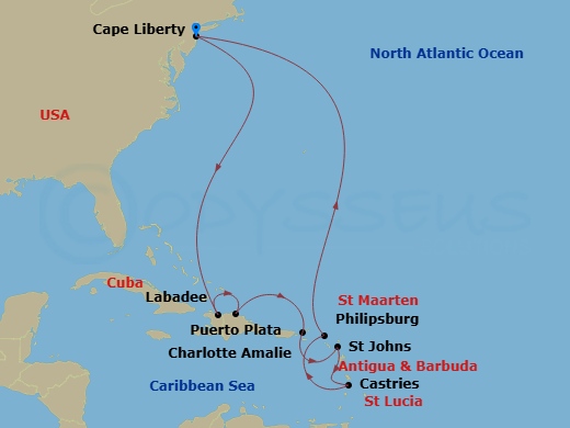 RCL Odyssey of the Seas - 12 Night - Southern Caribbean Cruise - RCL Odyssey of the Seas - Starting in Cape Liberty, Nj (Ny Metro), Labadee, Haiti, Puerto Plata, Dominican Republic, Ch.. itinerary map