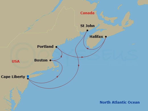RCL Independence of the Seas - 9 Night - Canada & New England Cruise - RCL Independence of the Seas - Starting in Cape Liberty, Nj (Ny Metro), Boston, Massachusetts, Portland ME, Halifax, N.. itinerary map