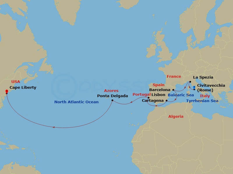 RCL Odyssey of the Seas - 14 Night - Spain & Portugal Transatlantic - RCL Odyssey of the Seas - Starting in Rome (Civitavecchia), Italy, Florence / Pisa (La Spezia), Italy, Barcelona,.. itinerary map