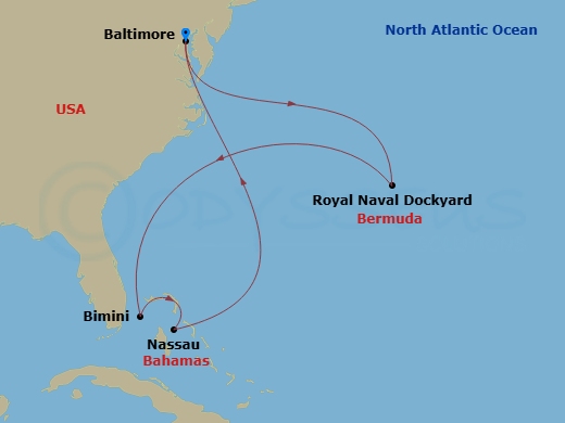 RCL Vision of the Seas - 9 Night - Bermuda & Bahamas Cruise - RCL Vision of the Seas - Starting in Baltimore, Maryland, Royal Naval Dockyard, Bermuda, Bimini, Bahamas, Nassau, Bahamas.. itinerary map