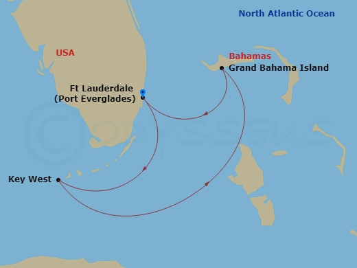 Celebrity Reflection - 3 Night - Key West & Bahamas Cruise - Celebrity Reflection - Starting in Fort Lauderdale, Florida, Key West, Florida, Grand Bahama Island, Bahamas, Fort Laude.. itinerary map