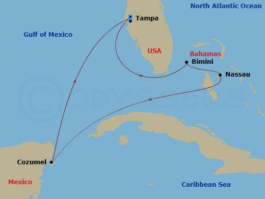 Celebrity Summit - 7 Night - Bahamas & Mexico Cruise - Celebrity Summit - Starting in Tampa, Florida, Bimini, Bahamas, Nassau, Bahamas, Cozumel, Mexico, Tampa, Florida itinerary map