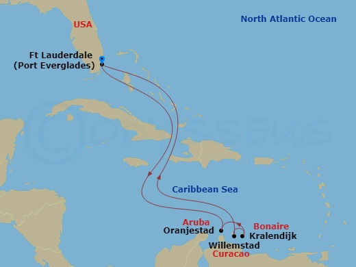 Celebrity Silhouette - 8 Night - Aruba, Curacao & Bonaire - Celebrity Silhouette - Starting in Fort Lauderdale, Florida, Oranjestad, Aruba, Kralendijk, Bonaire, Willemstad AN, Curac.. itinerary map