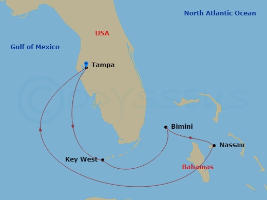 Celebrity Summit - 7 Night - Key West & Bahamas Cruise - Celebrity Summit - Starting in Tampa, Florida, Key West, Florida, Bimini, Bahamas, Nassau, Bahamas, Tampa, Florida itinerary map
