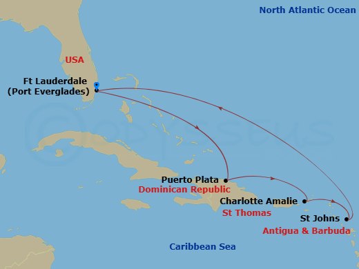 Celebrity Reflection - 7 Night - Eastern Caribbean Holiday - Celebrity Reflection - Starting in Fort Lauderdale, Florida, Puerto Plata, Dominican Republic, Charlotte Amalie, St Thom.. itinerary map